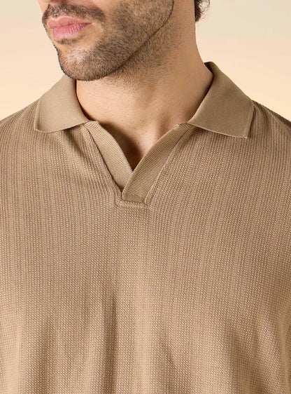 Textured Boxy Polo T-shirt - Caramel
