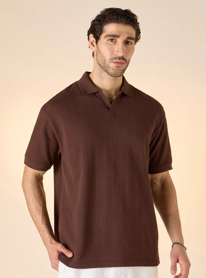 Textured Boxy Polo Shirt - Brown