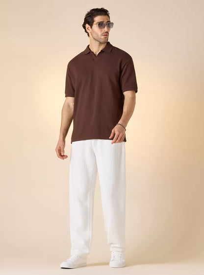 Textured Boxy Polo Shirt - Brown
