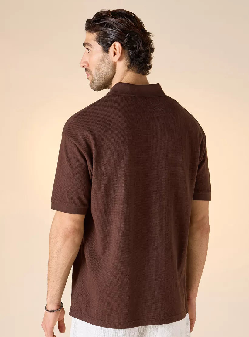 Textured Boxy Polo Shirt - Brown