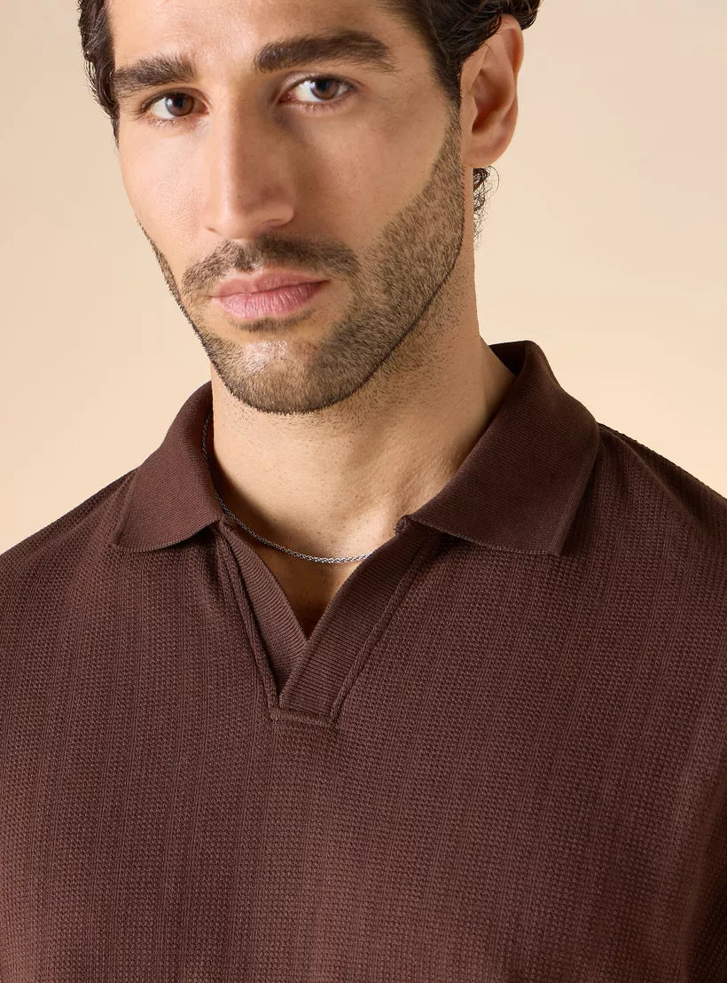 Textured Boxy Polo Shirt - Brown