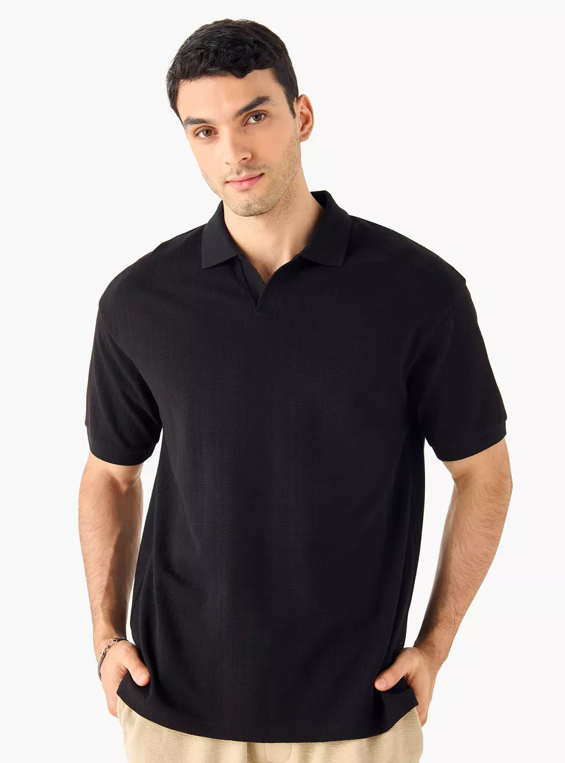 Texturised Boxy Polo Shirt - Black