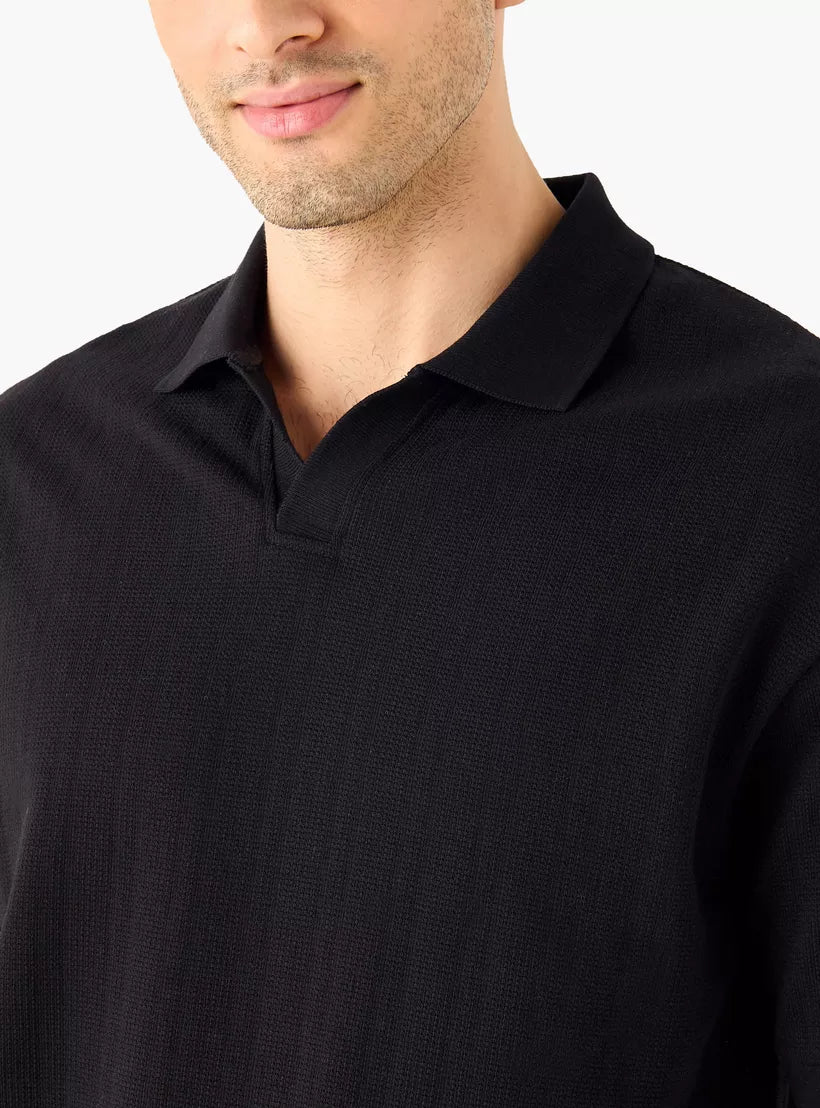 Texturised Boxy Polo Shirt - Black