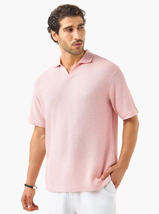 Textured Knit Polo Shirt - Pink