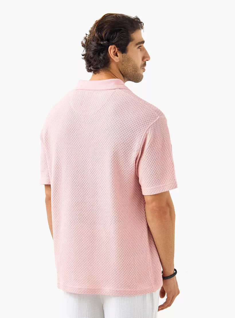 Textured Knit Polo Shirt - Pink