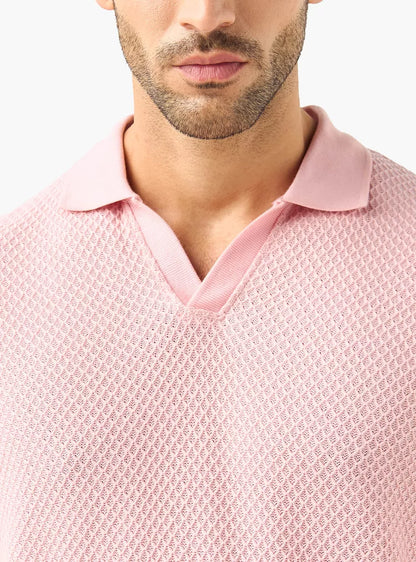 Textured Knit Polo Shirt - Pink