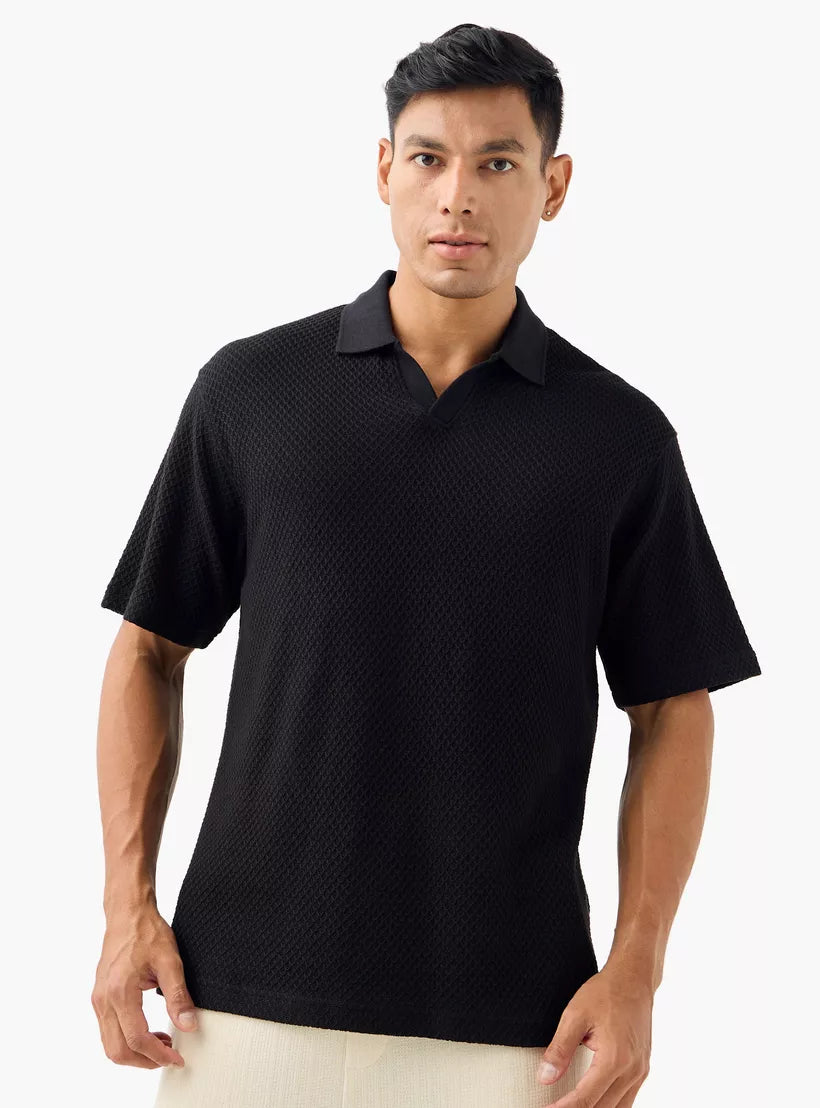 Textured Knit Polo T-Shirt - Black