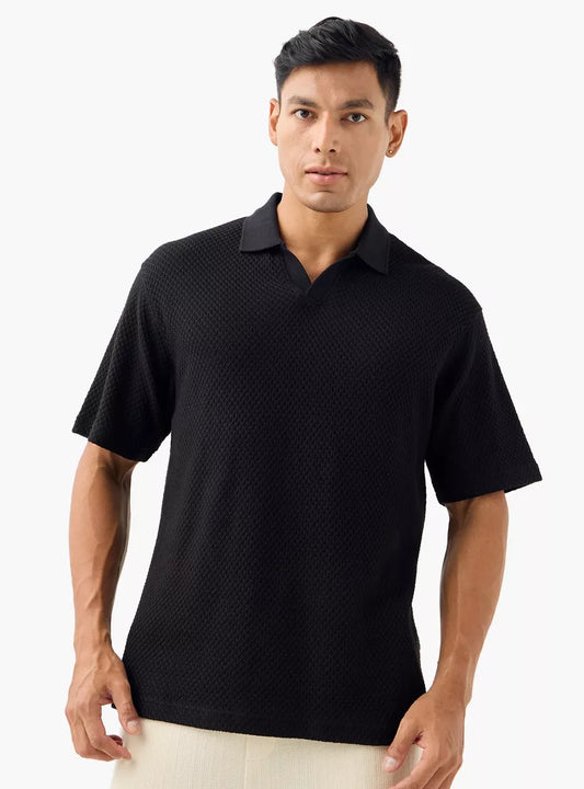 Textured Knit Polo T-Shirt - Black