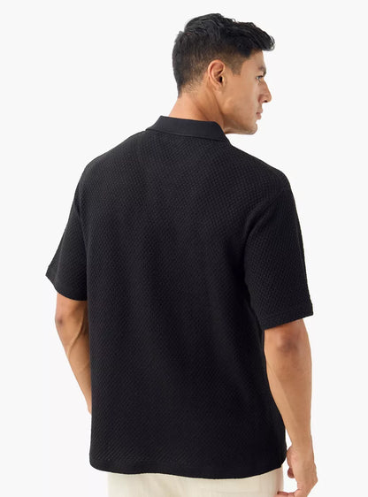 Textured Knit Polo T-Shirt - Black