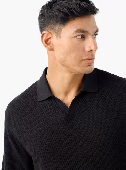 Textured Knit Polo T-Shirt - Black
