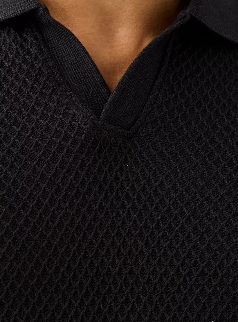 Textured Knit Polo T-Shirt - Black