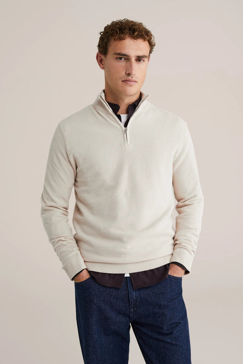 Men's Cotton Jumper with Troyer Collar and Zip - Off White