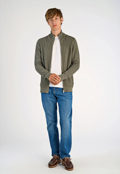Textured Knitted Cardigan with High Neck and Zip - Moss Green
