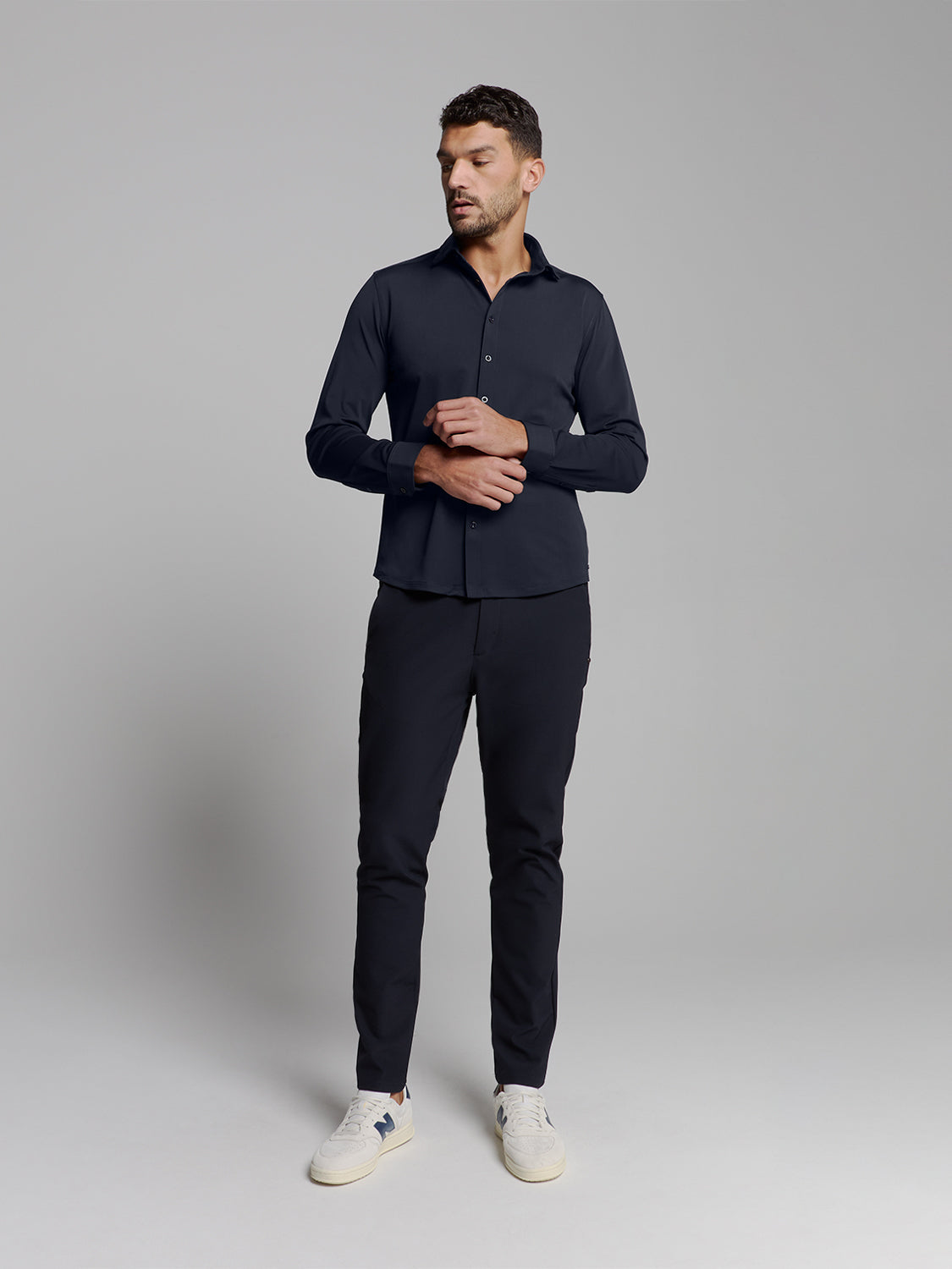 Slim Fit Long-Sleeve Cotton Shirt - Navy Blue