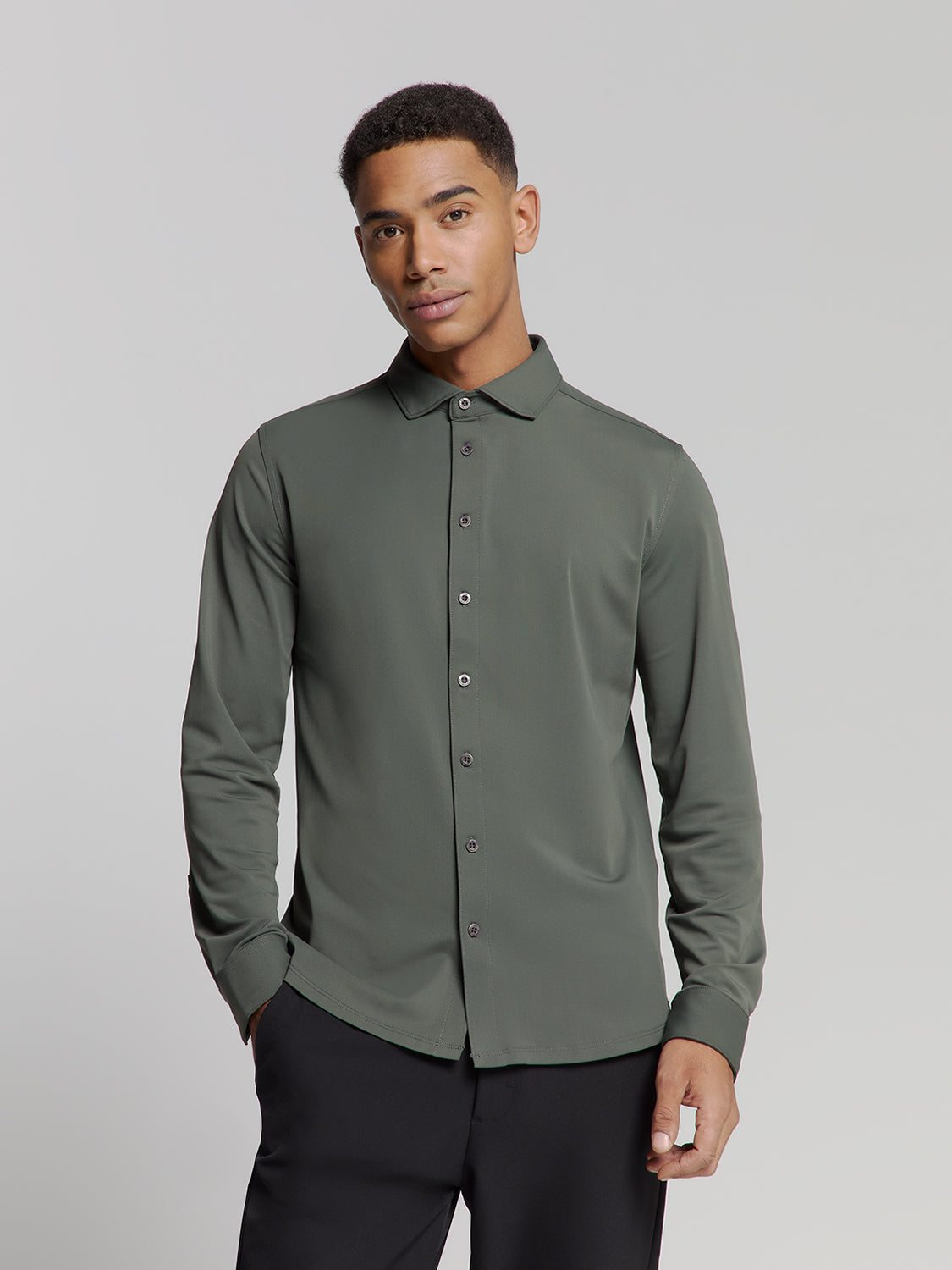 Slim Cotton Long Sleeve Shirt - Moss Green