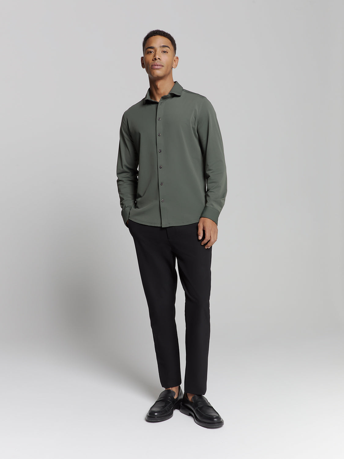 Slim Cotton Long Sleeve Shirt - Moss Green