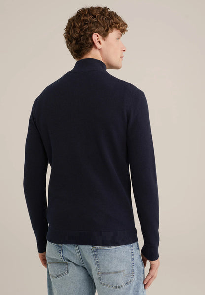 Men's Cotton Jumper with Troyer Neck and Zip - Navy Blue
