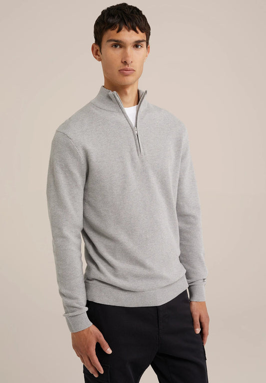 Men's Cotton Jumper with Troyer Neck and Zip - Grey
