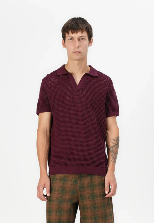 Polo Collar Shirt with Knit Texture - Wine