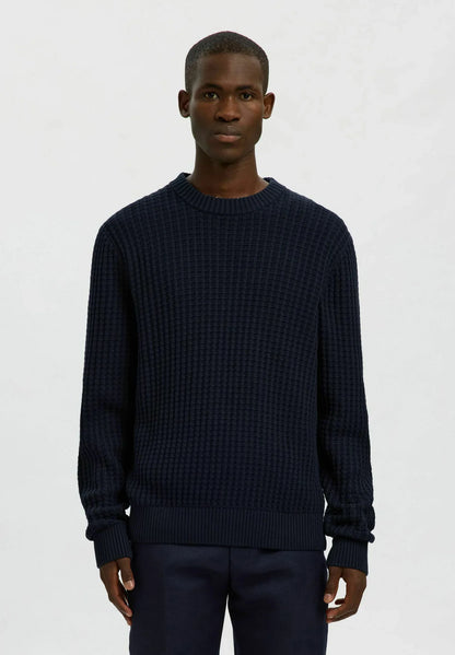 Men's Textured Crew Neck Jumper - Navy Blue
