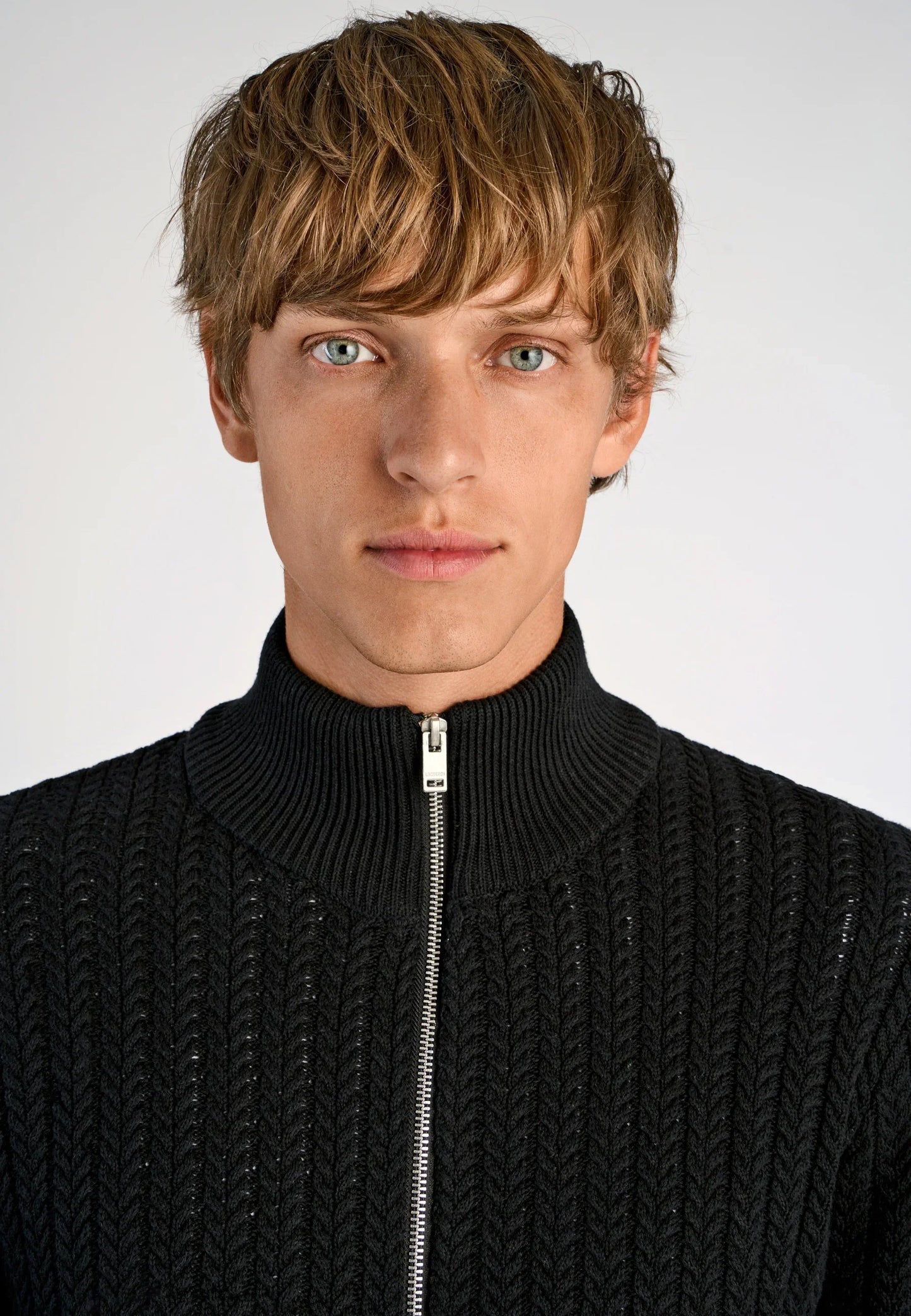 Textured Knit Cardigan with High Neck and Zipper - Black