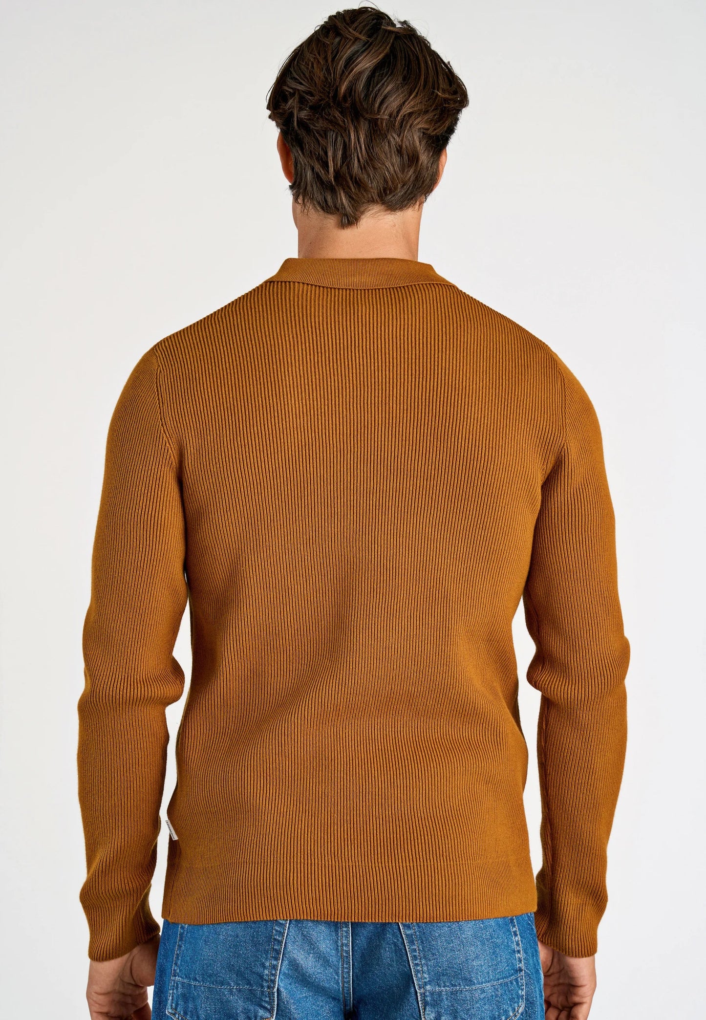 Men's Textured Long Sleeve Polo Shirt - Caramel
