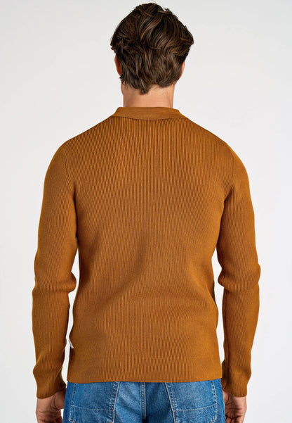 Men's Textured Long Sleeve Polo Shirt - Caramel