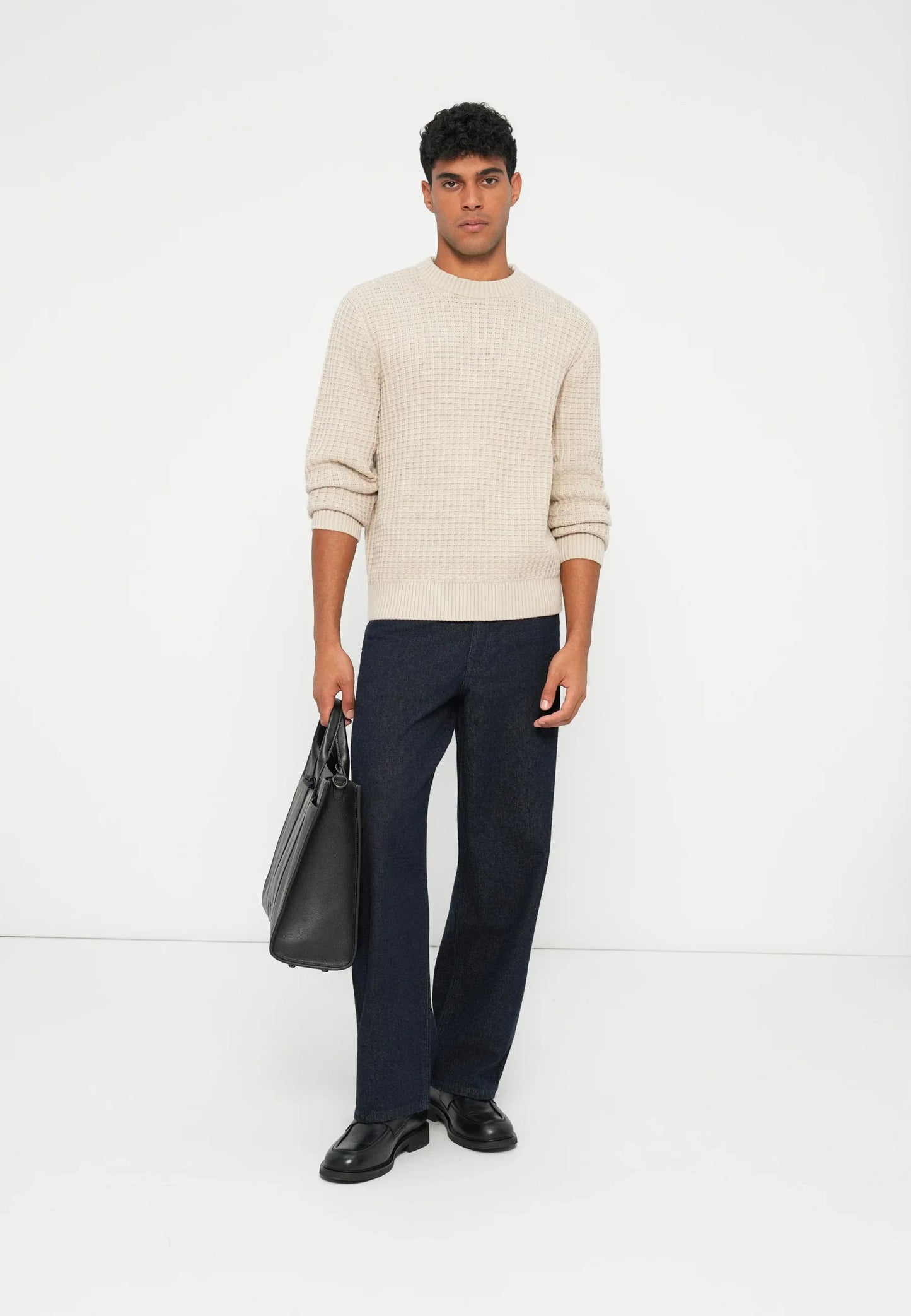 Textured Men's Round Neck Jumper - Off White
