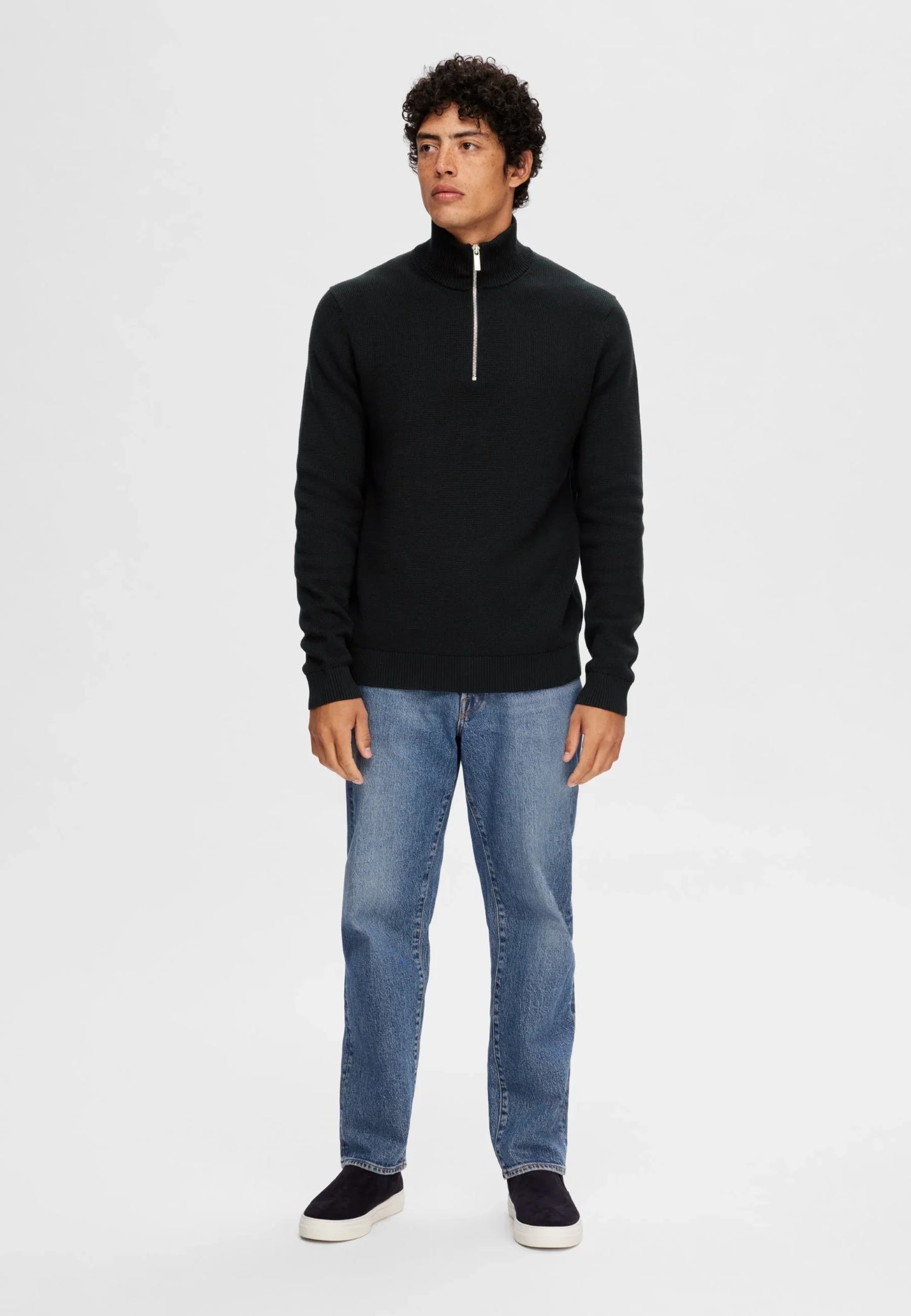 Textured Comfort Jumper with High Neck and Zip - Black