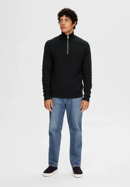 Textured Comfort Jumper with High Neck and Zip - Black