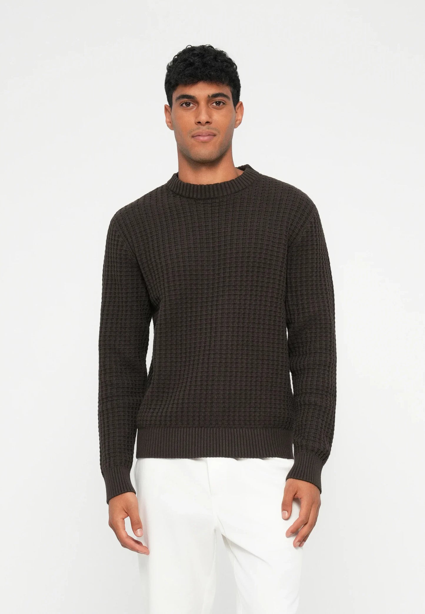 Men's Textured Round Neck Jumper - Brown