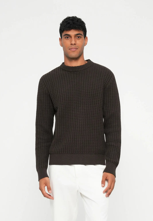 Men's Textured Round Neck Jumper - Brown