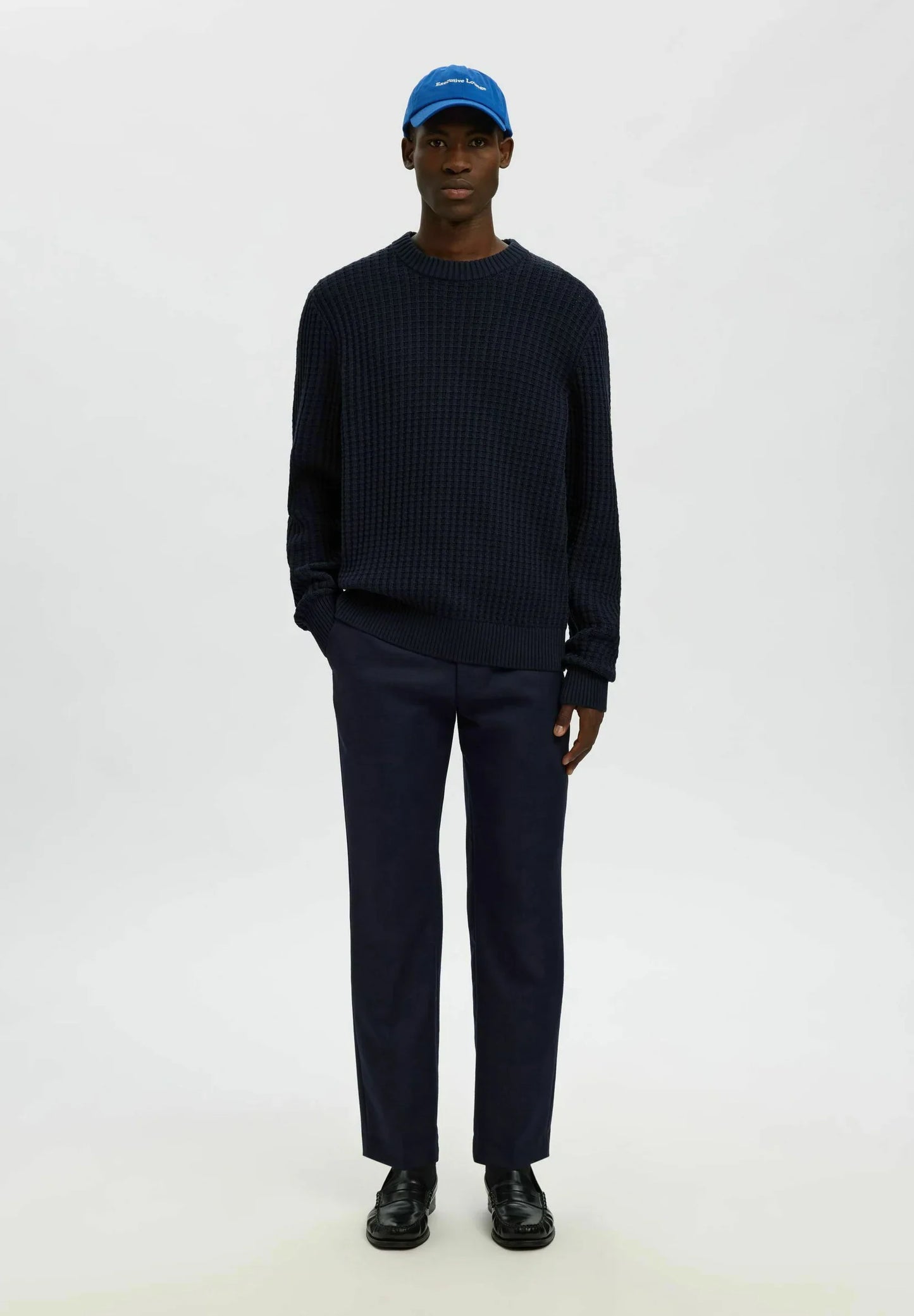 Men's Textured Crew Neck Jumper - Navy Blue