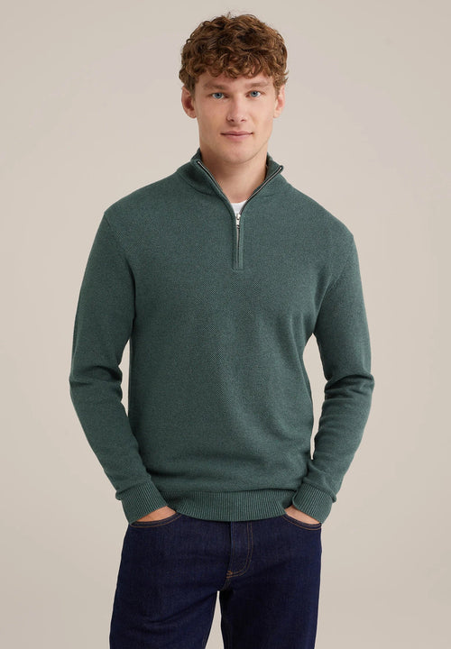 Men's Cotton Jumper with Troyer Collar and Zipper - Green