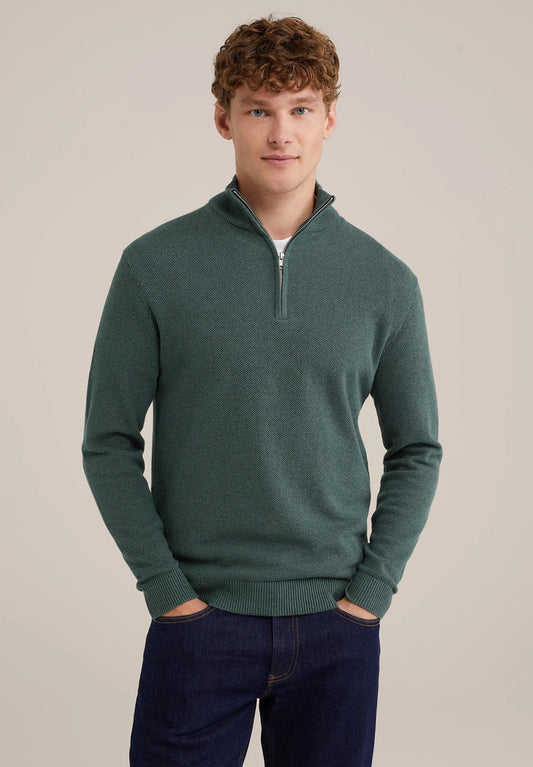 Men's Cotton Jumper with Troyer Collar and Zipper - Green