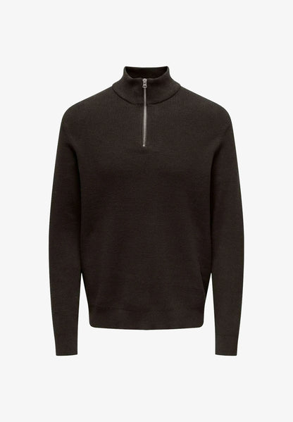 Textured Comfort Jumper with High Neck and Zipper - Coffee