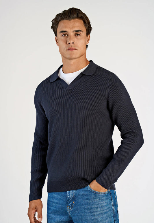 Textured Long Sleeve Men's Polo Shirt - Navy Blue
