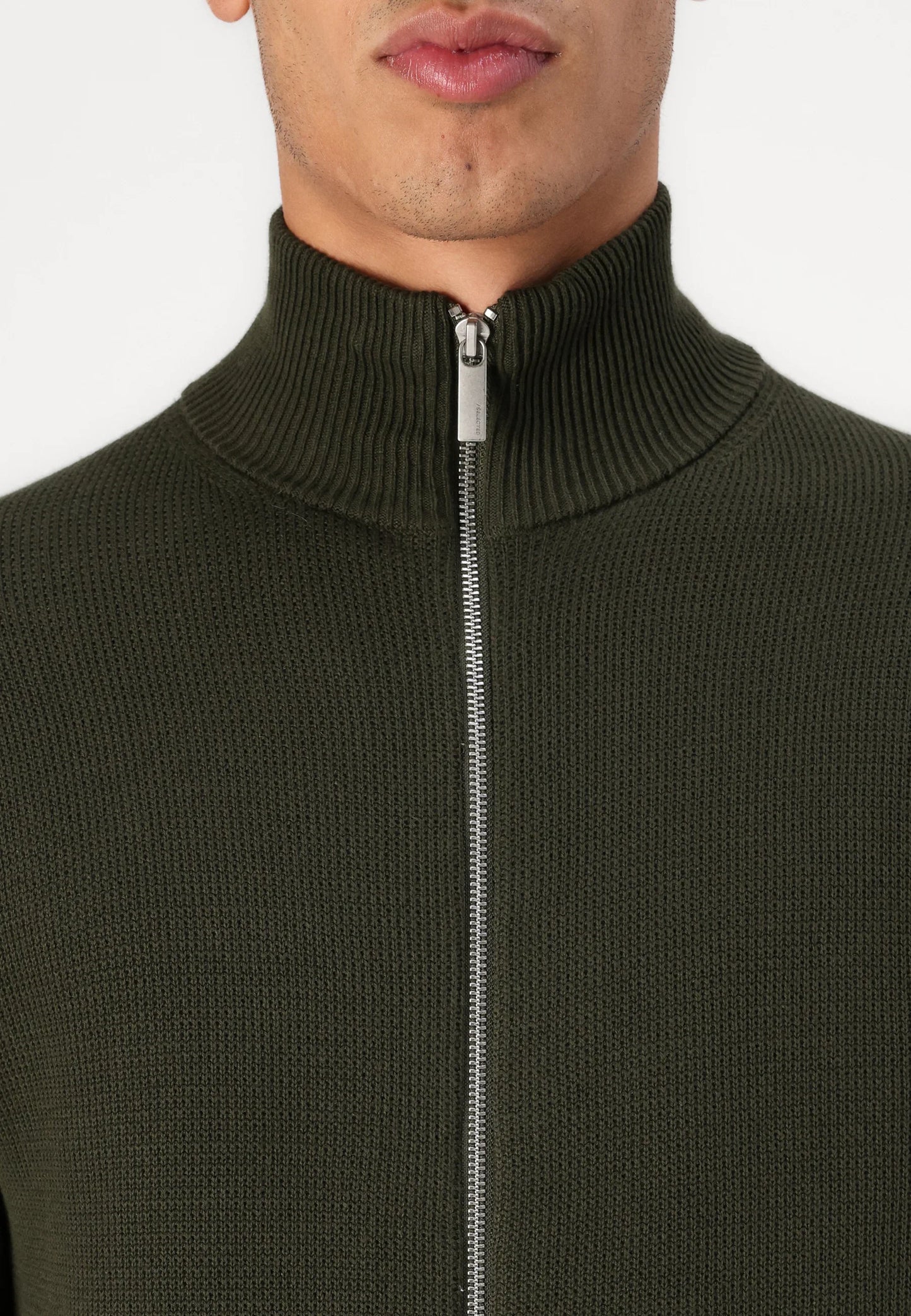 Comfort Cardigan with High Neck and Zipper - Military Green