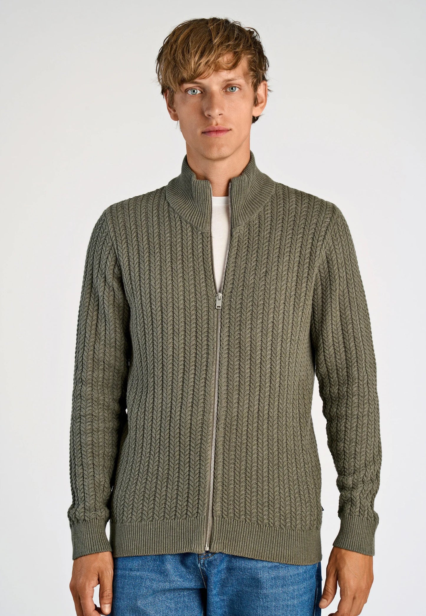 Textured Knitted Cardigan with High Neck and Zip - Moss Green