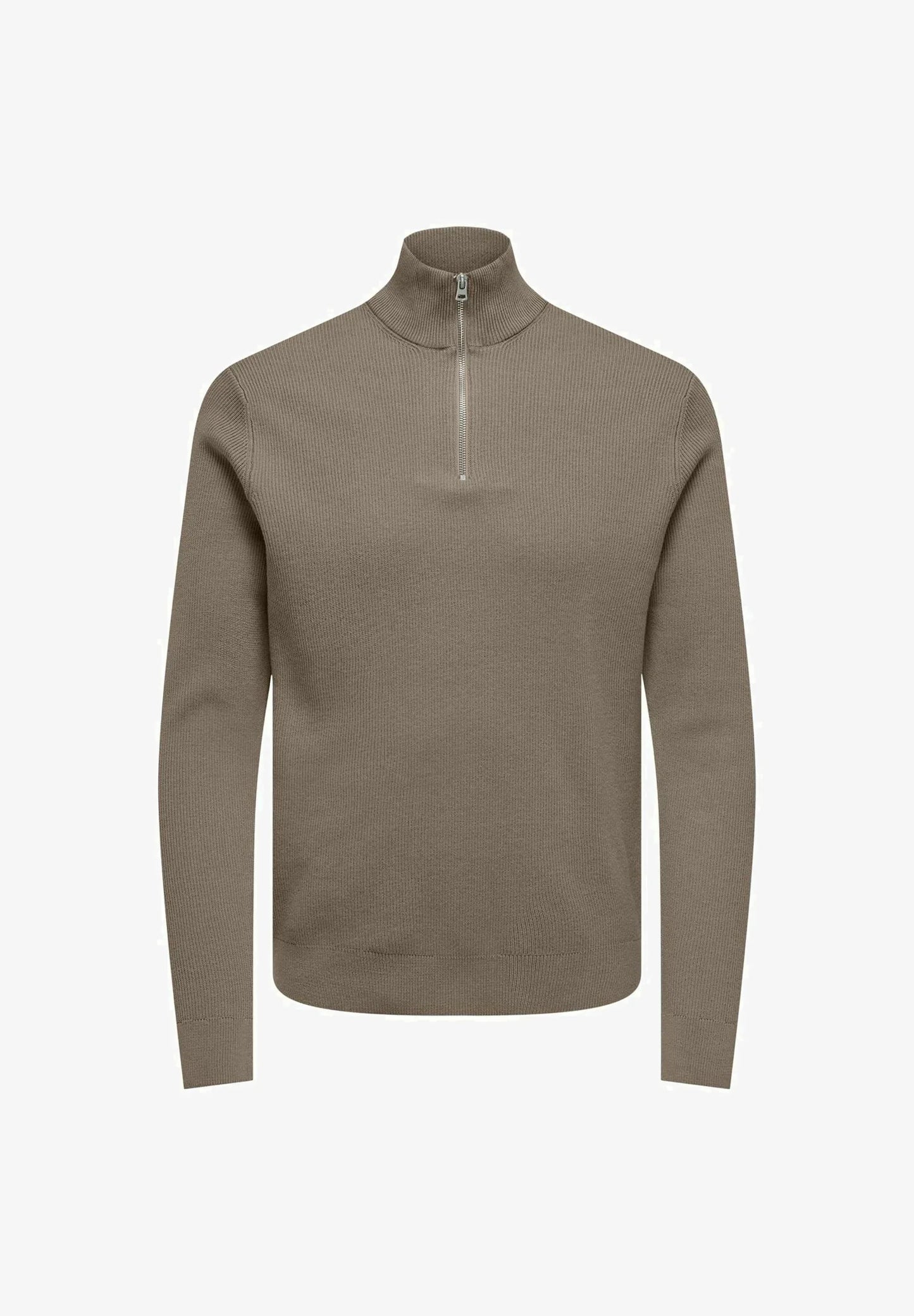 Textured Comfort Jumper with High Neck and Zip - Taupe