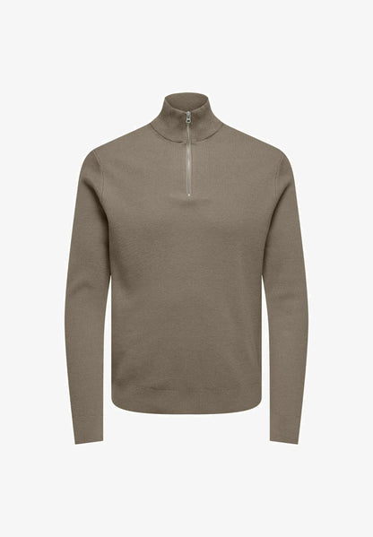 Textured Comfort Jumper with High Neck and Zip - Taupe