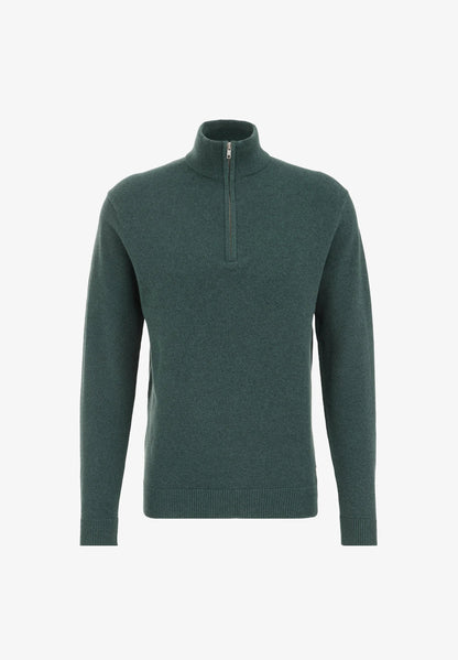 Men's Cotton Jumper with Troyer Collar and Zipper - Green