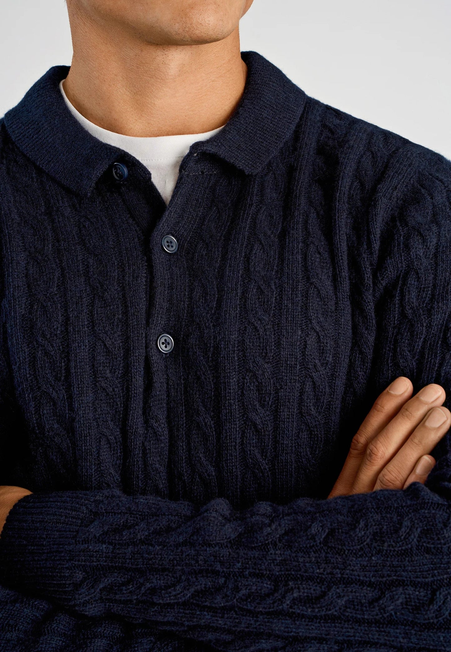 Men's Long Sleeve Knitted Polo Shirt - Navy Blue