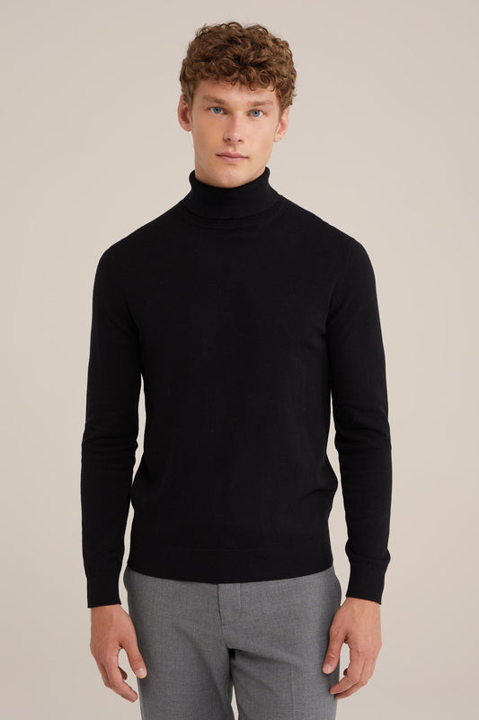 Fine Knit Polo Neck Jumper - Black