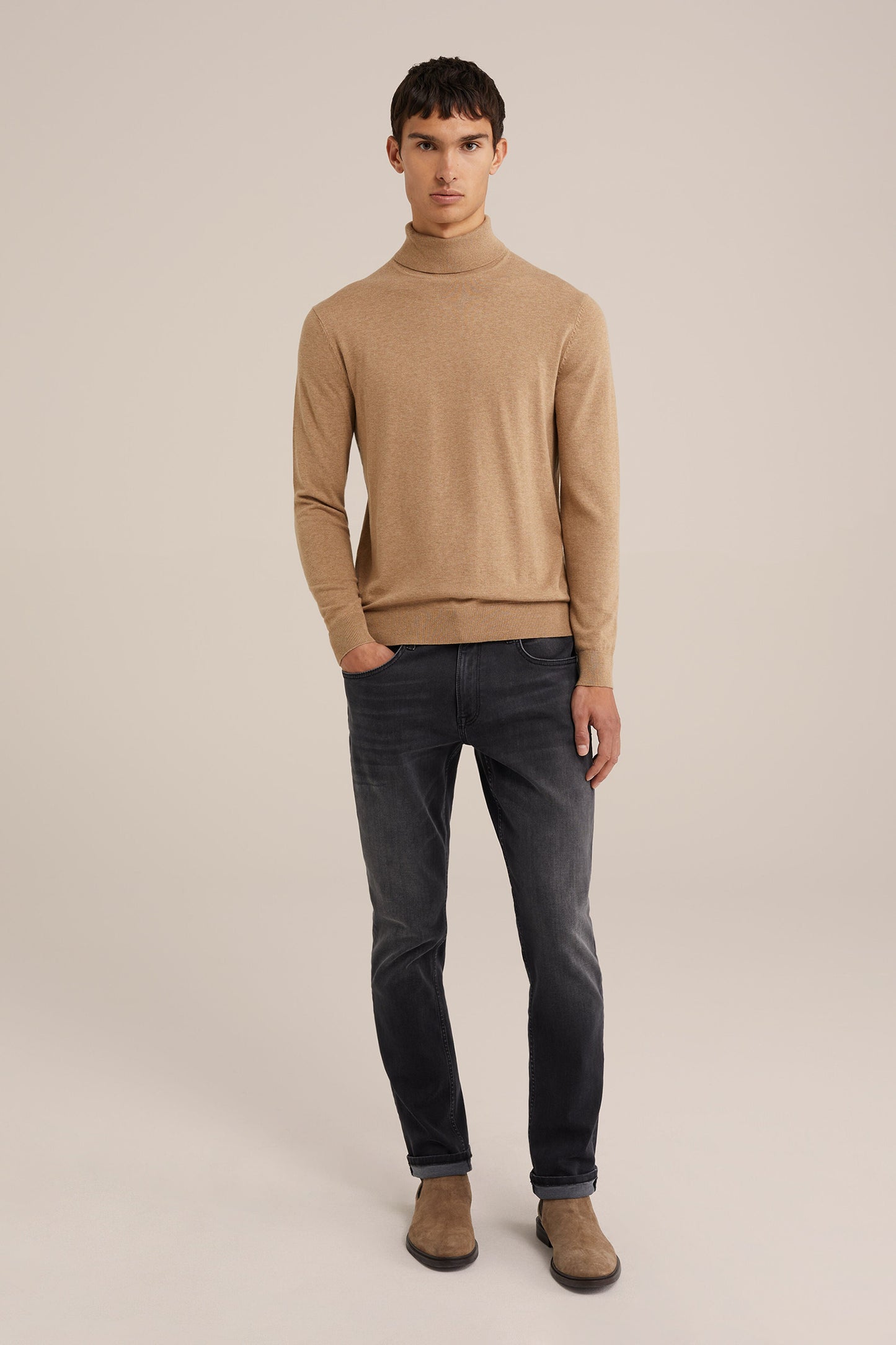 Fine Knit High Neck Jumper - Caramel