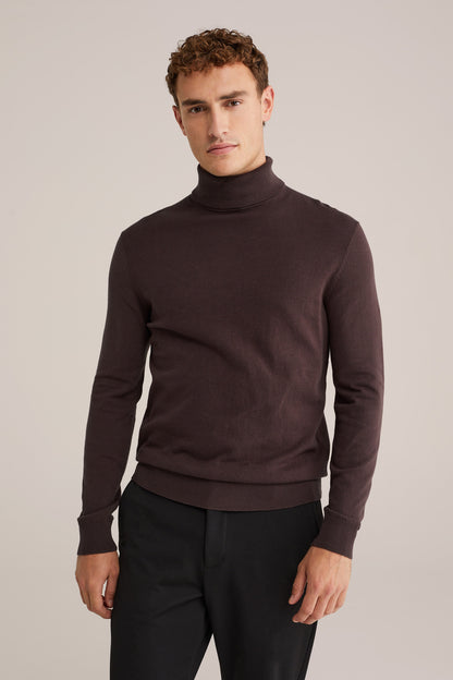 Fine Knit Polo Neck Jumper - Brown