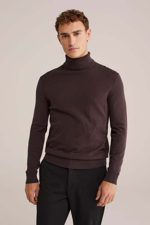 Fine Knit Polo Neck Jumper - Brown