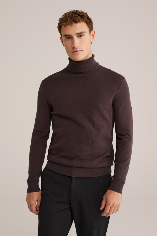Fine Knit Polo Neck Jumper - Brown
