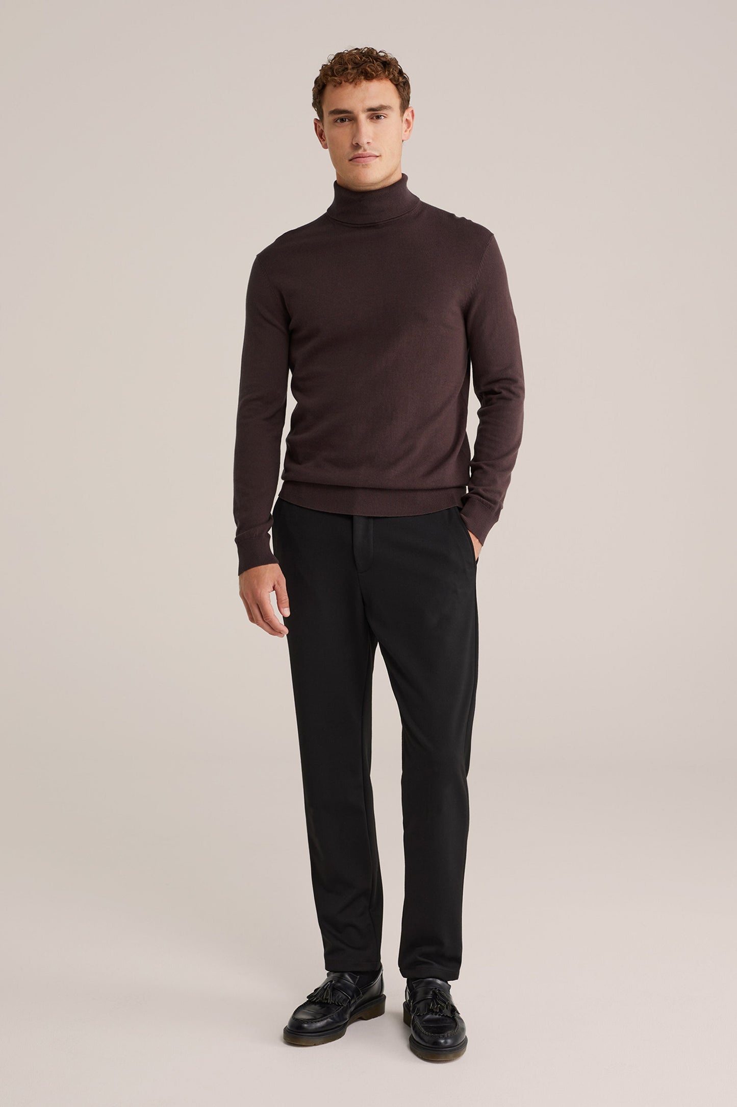 Fine Knit Polo Neck Jumper - Brown
