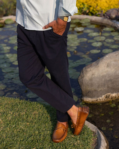 Straight Fit Linen Trousers - Navy Blue